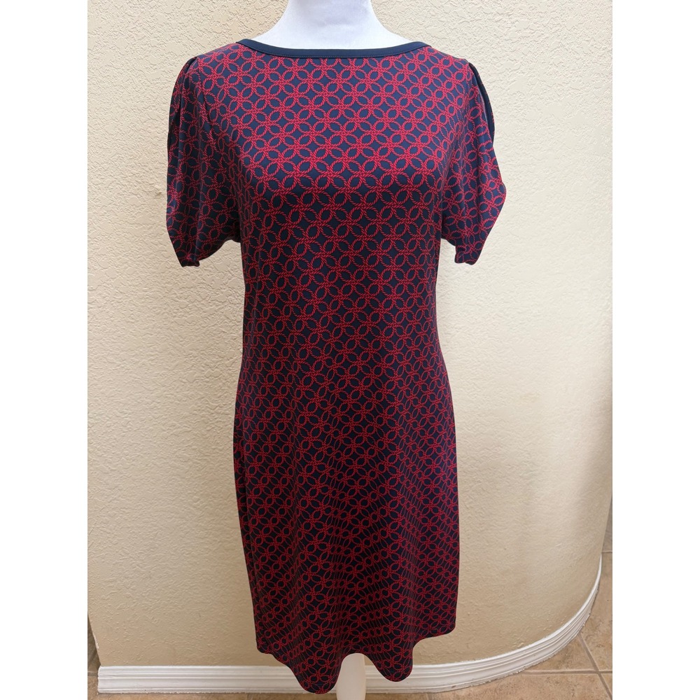 Michael Kors Navy Red Rope Print Sheath Dress Short Tulip Sleeve Boat Neck Small